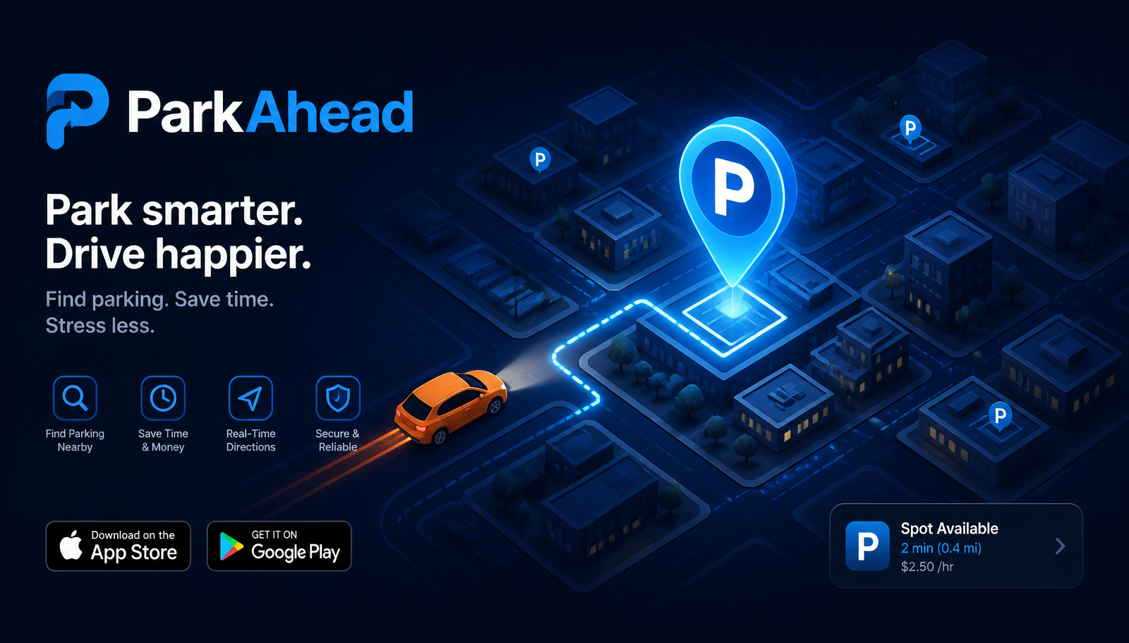 ParkAhead app showing a driver finding a parking spot on a city map